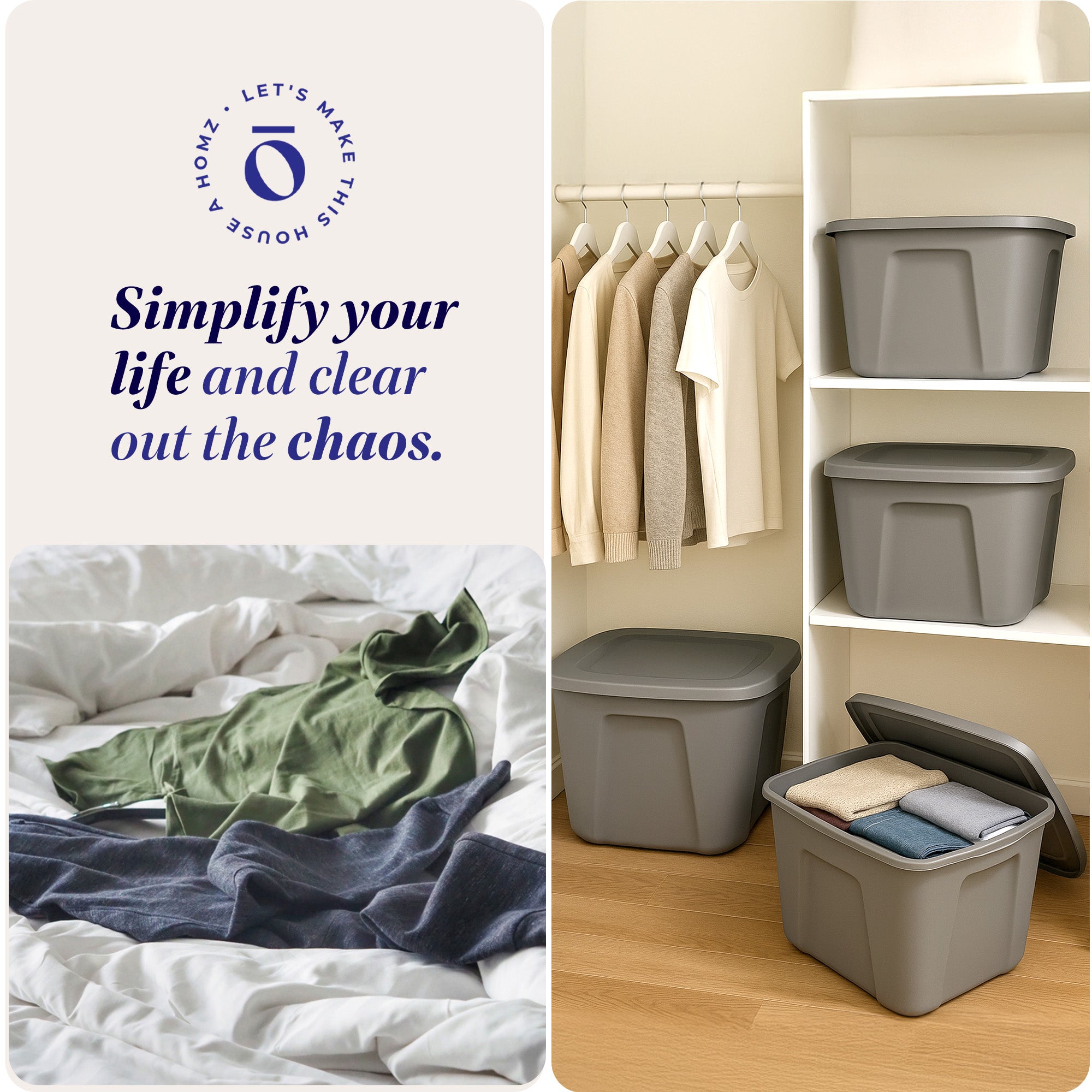Homz 18-Gallon Stackable Plastic Storage Tote Box Container w/ Snap-On Lid, Grey