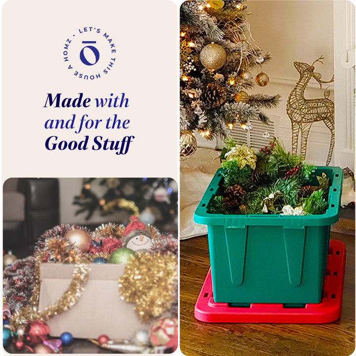 HOMZ Durabilt 15 Gallon Heavy Duty Holiday Storage Tote, Green/Red (4 Pack)