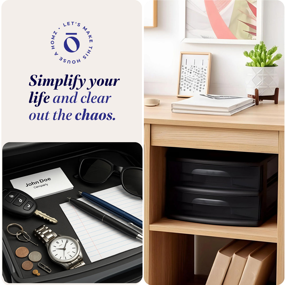 Homz Plastic 2 Drawer Medium Storage Cart, Black Frame with Smoke Drawer, 2 Pack