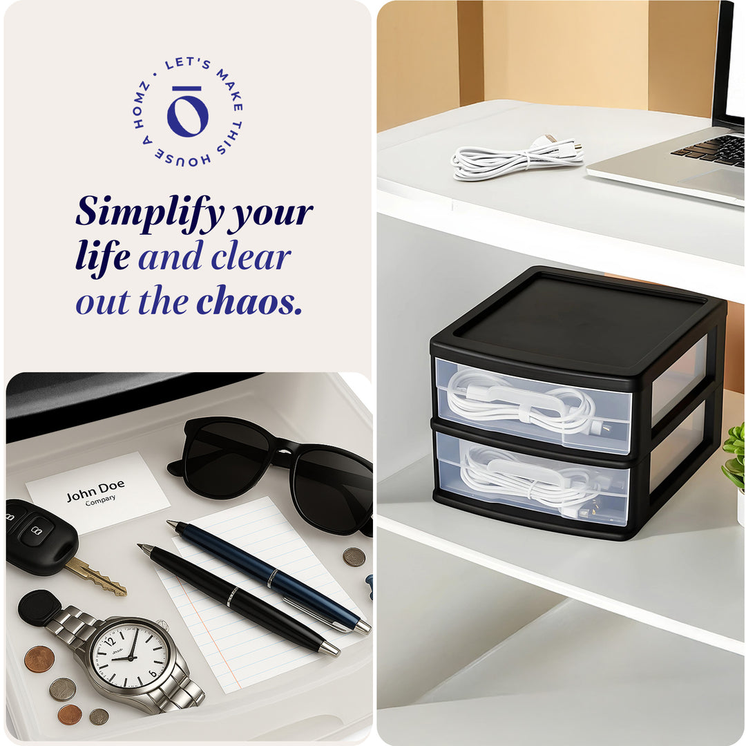 Homz Plastic 2 Drawer Medium Storage Cart, Black w/ Clear Drawer, 2pk (Open Box)