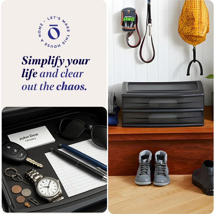 Homz Plastic 2 Drawer Wide Storage Cart, Black Frame with Smoke Drawer, 2 Pack