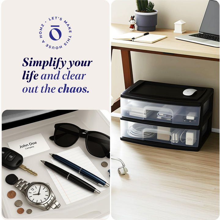 Homz Plastic 2 Drawer Wide Storage Cart, Black Frame with Clear Drawer, 2 Pack