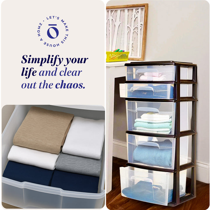 Homz Plastic 5 Drawer Storage Container Tower Closet Organizer, Black, 2 Pack