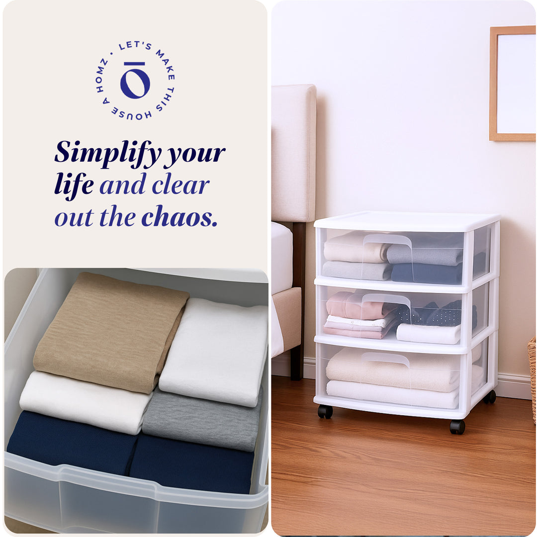 Homz Plastic 3 Clear Drawer Small Rolling Storage Container Tower, White, 2 Pack