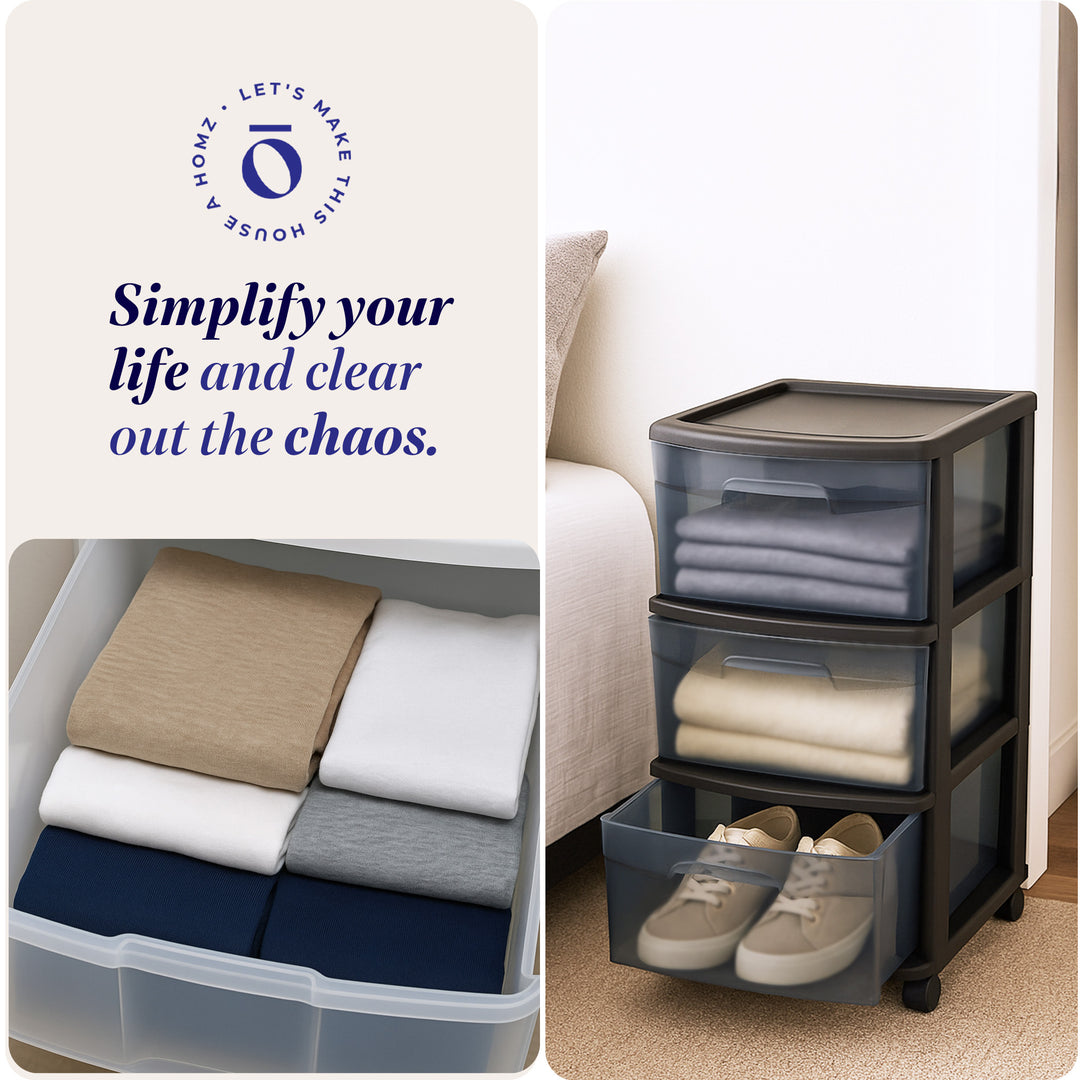 Homz 25" Black Tall Solid Plastic 3 Drawer Wheeled Home Storage Organizer Cart