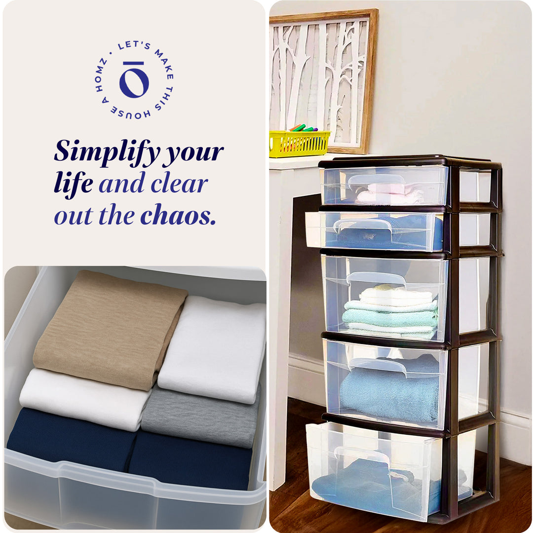 Homz Plastic 5 Drawer Home Storage Container TowerCloset Organizer, Black Frame - VMInnovations
