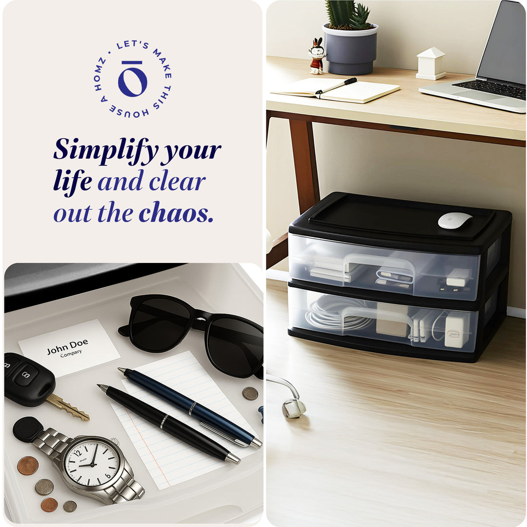 Homz Plastic 2 Drawer Wide Storage Cart, Black w/ Clear Drawer, 2pk (Open Box)