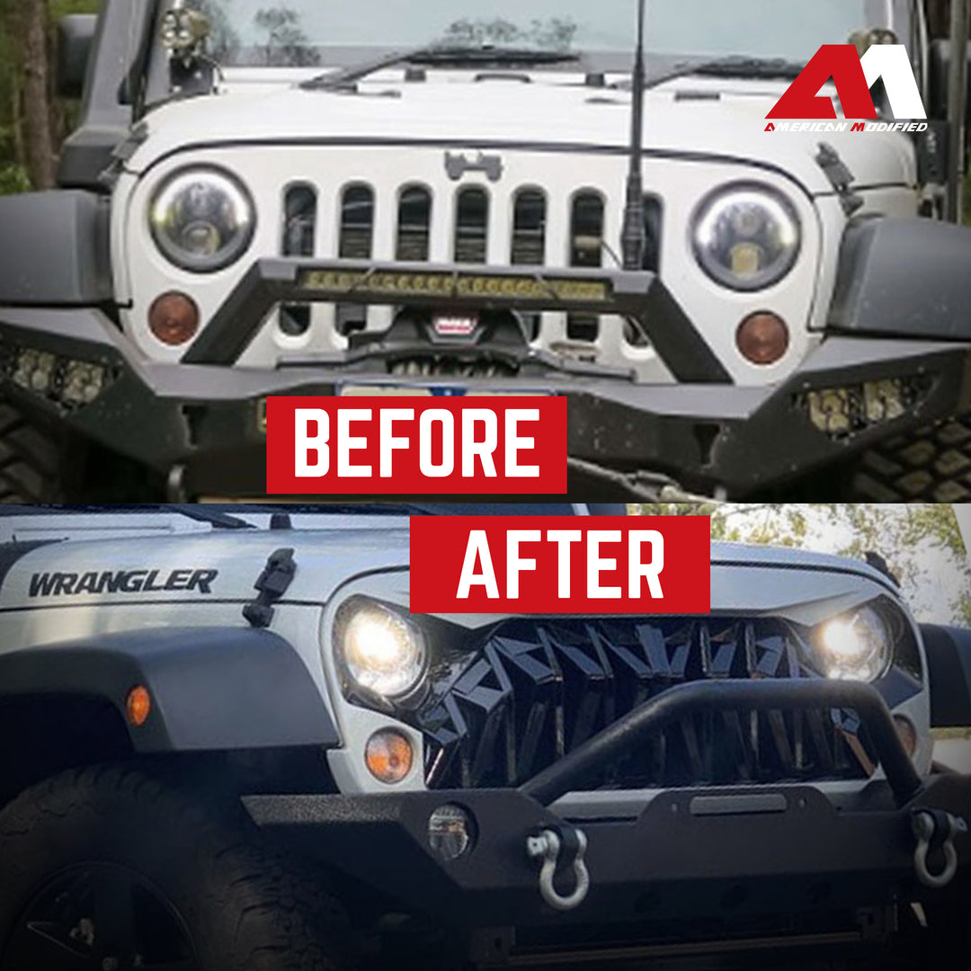 AMERICAN MODIFIED Front Shark Grille for 2007 to 2018 Jeep Models, White & Black