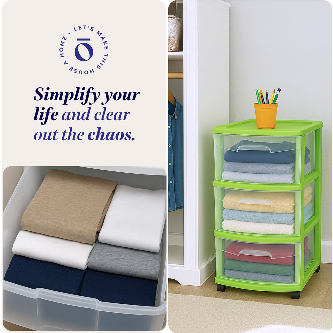 Homz Plastic 3 Drawer Medium Storage Container Tower, Clear Drawers/Lime Frame