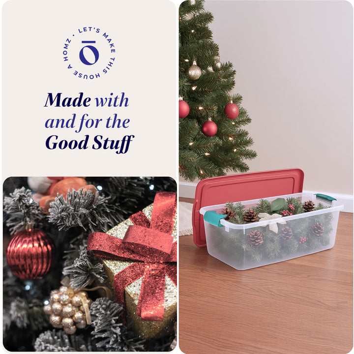 Homz 64 Qt Holiday Seasonal Decor Plastic Storage Bin with Latching Lid, 6 Pack