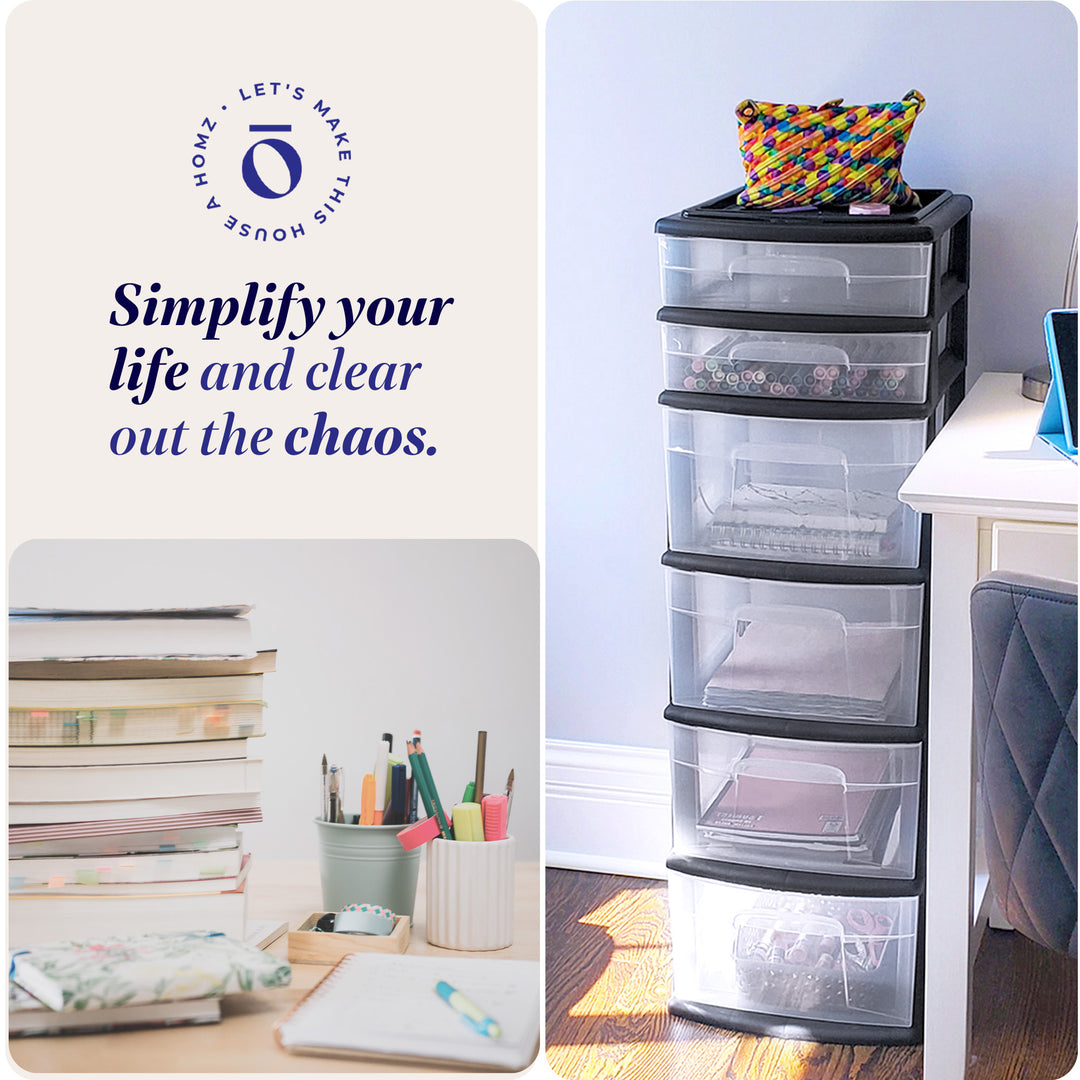 Homz Plastic 6 Clear Drawer Home Storage Container Tower, Black/Clear (2 Pack)