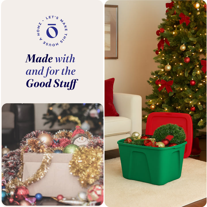 18gl Heavy Duty Plastic Holiday Storage Totes, Green/Red (4 Pack)(Open Box)