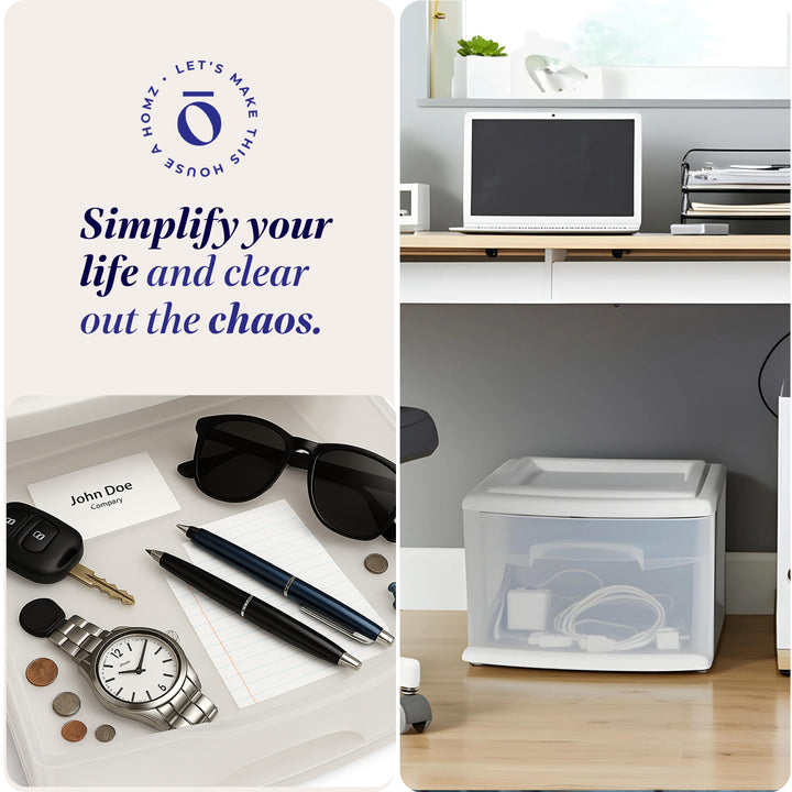 Homz Plastic 1 Drawer Medium Storage Cart, White Frame with Clear Drawer, 2 Pack