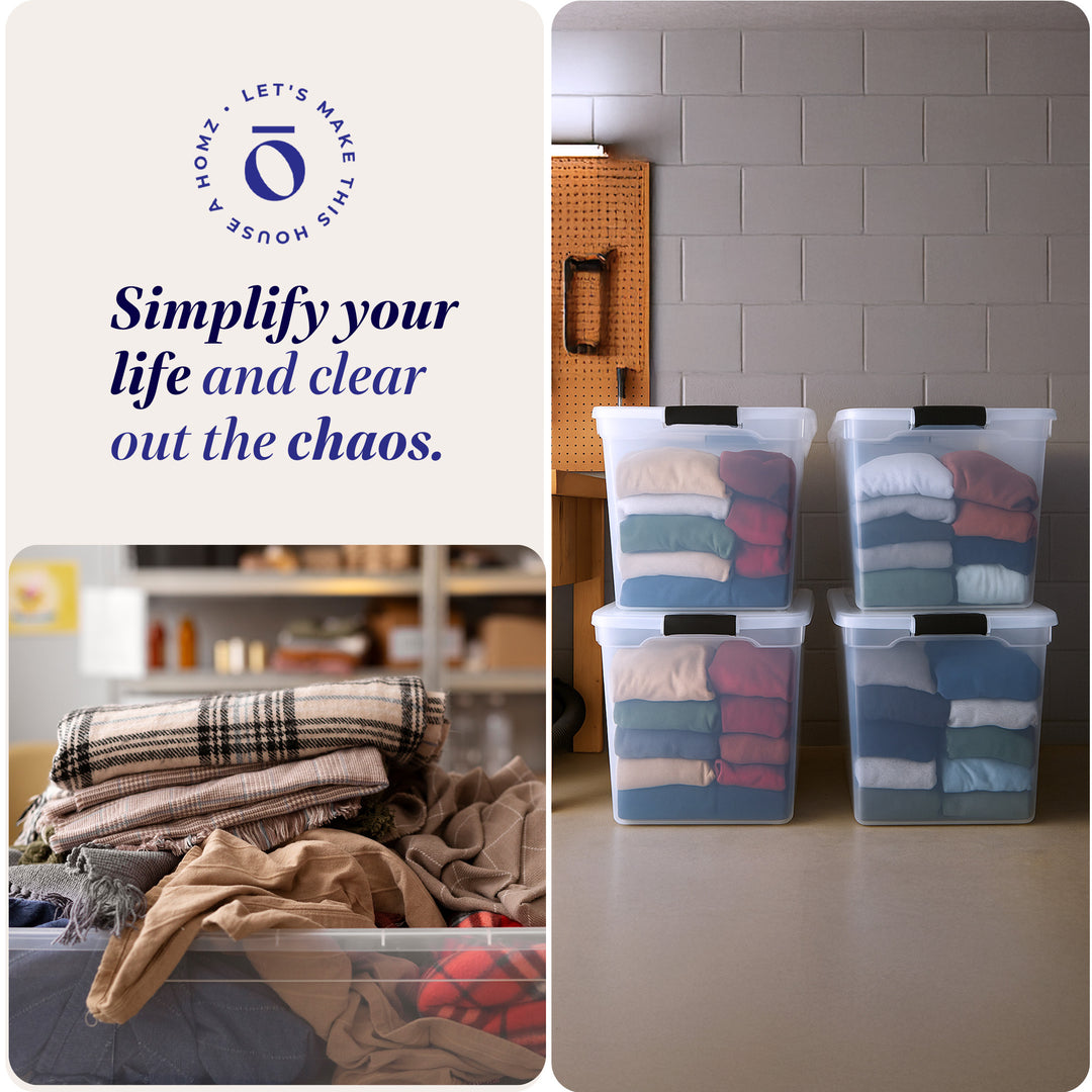 HOMZ 112 Quart Latching Plastic Storage Container, Extra Large, Clear (4 Pack)