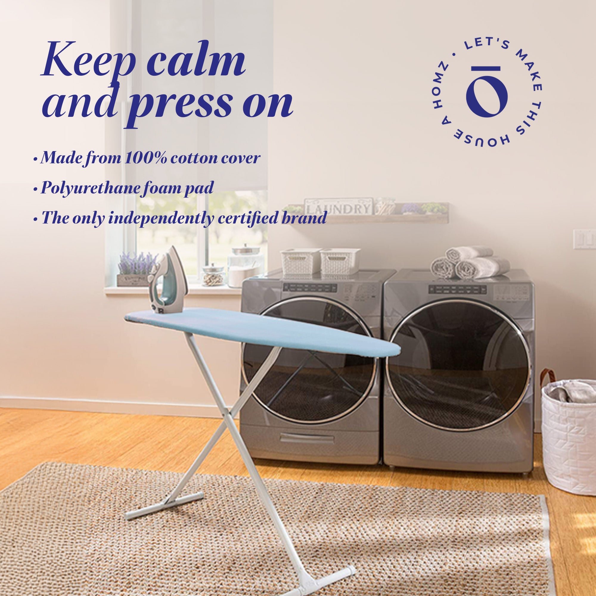 Homz T-Leg Foldable Adjustable Ironing Board w/ Foam Pad & Cotton Cover, Blue - VMInnovations