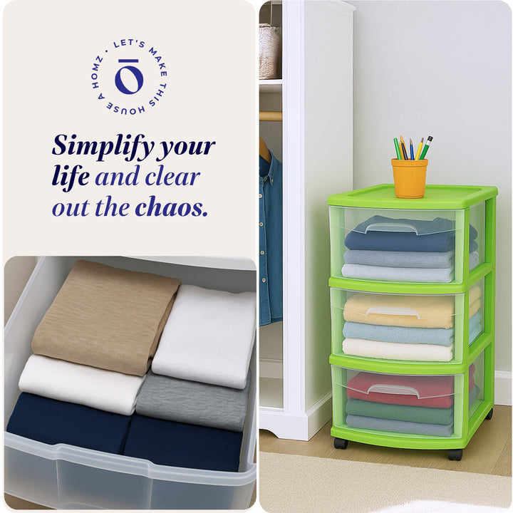 Homz 3 Drawer Medium Storage Container Tower, Clear Drawers/Lime Frame (2 Pack)