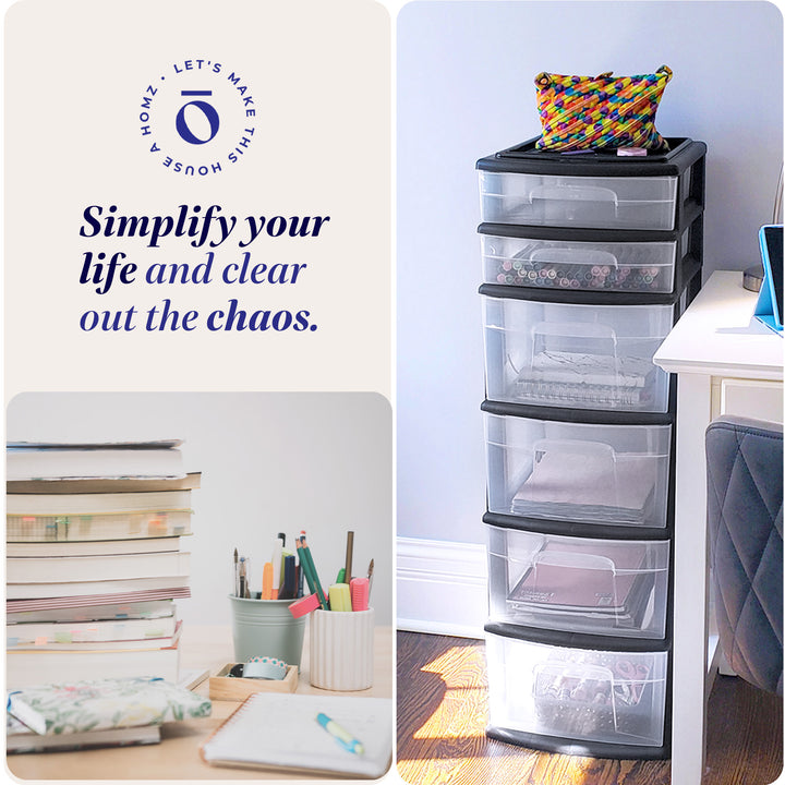 Homz Plastic 6 Clear Drawer Home Storage Container Tower, Black/Clear (2 Pack)