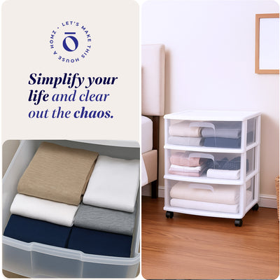 Homz Plastic 3 Clear Drawer Small Rolling Storage Container Tower, White, 2 Pack