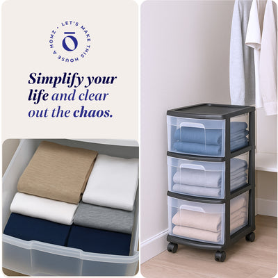 Homz Plastic 3 Drawer Medium Home Storage Container, Clear Drawers & Black Frame