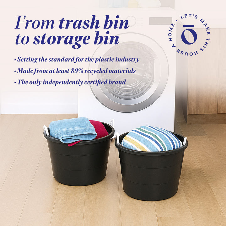 Homz 17 Gal Plastic Open Storage Round Utility Tub with Handles, Black (2 Pack)