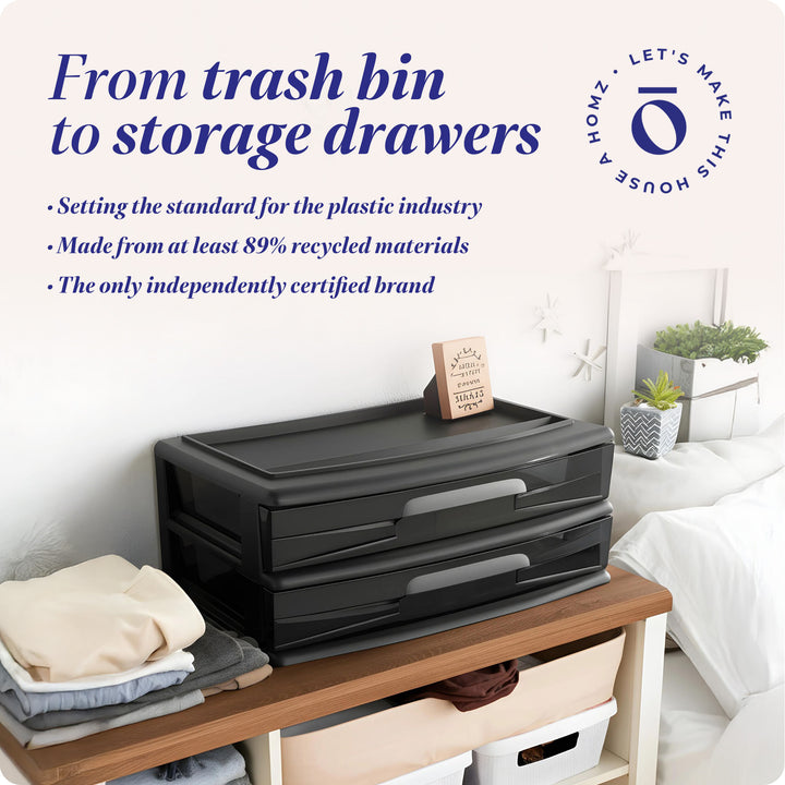 Homz Plastic 2 Drawer Wide Storage Cart, Black Frame with Smoke Drawer, 2 Pack