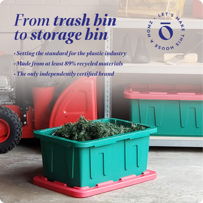 HOMZ Durabilt 15 Gallon Heavy Duty Holiday Storage Tote, Green/Red (4 Pack)