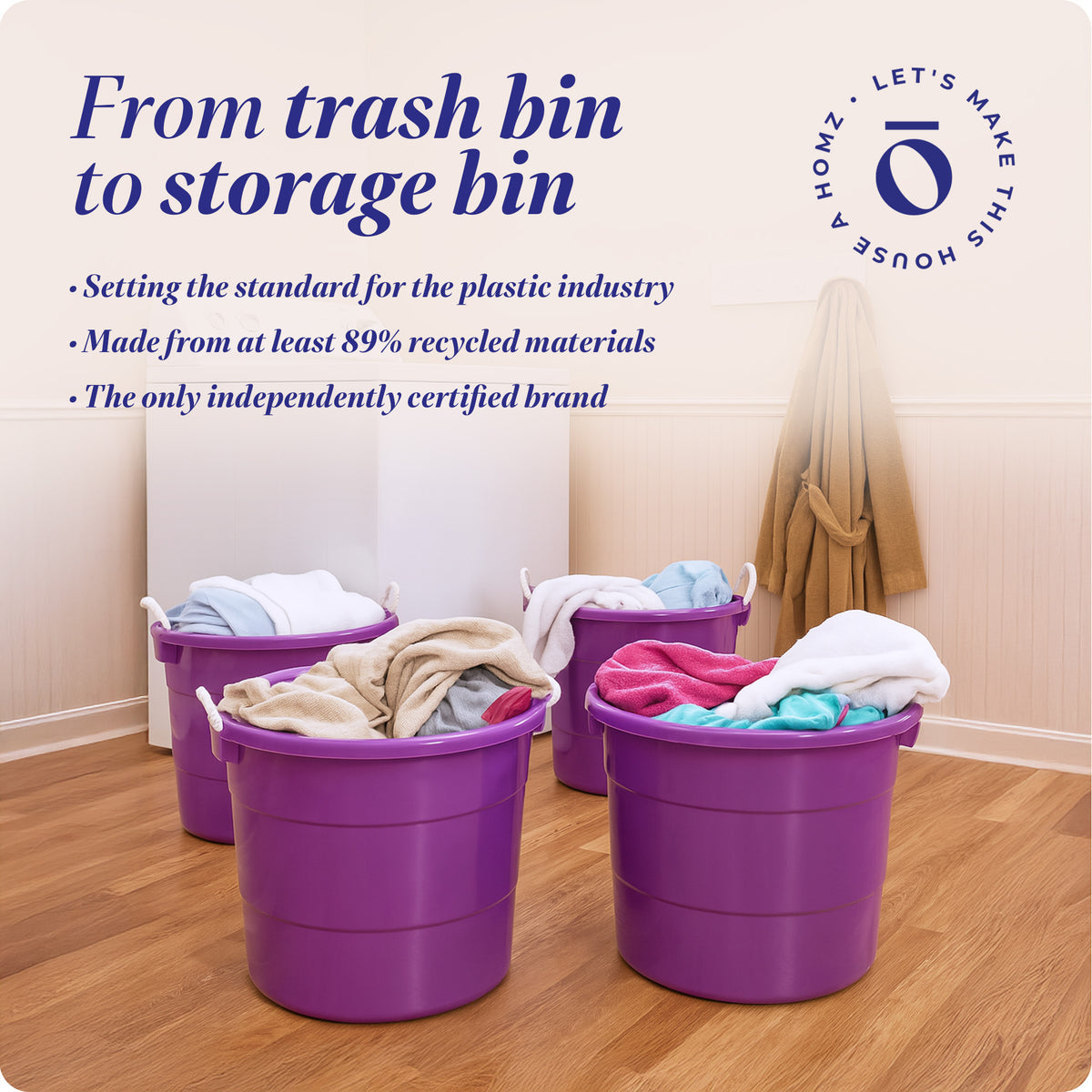 Homz 17 Gallon Indoor Outdoor Storage Bucket w/ Rope Handles, Orchid (4 Pack)