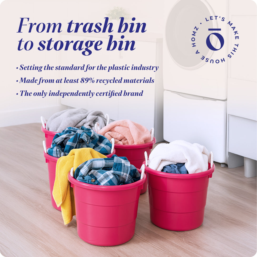 Homz Plastic 18 Gallon Utility Bucket Tub Container with Handles, Pink (6 Pack)