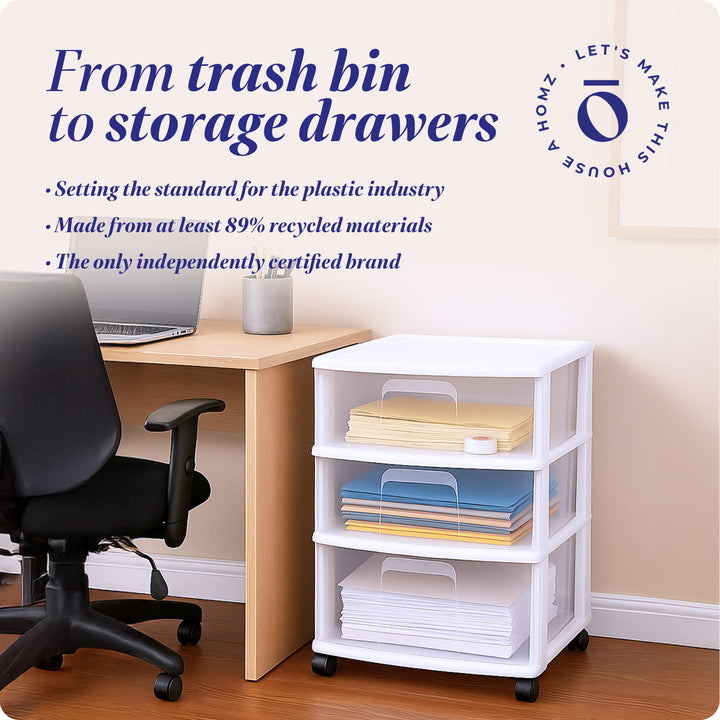 Homz Plastic 3 Clear Drawer Small Rolling Storage Container Tower, White Frame