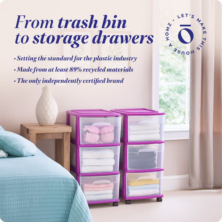 Homz Plastic 3 Drawer Medium Storage Container Tower, Purple Frame (2 Pack)