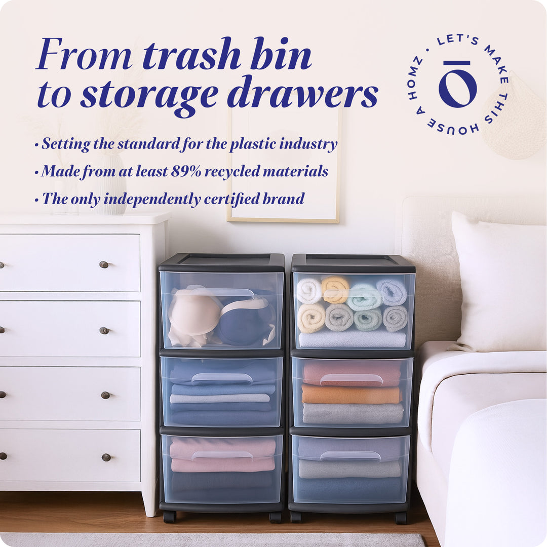 Homz Plastic 3 Drawer Medium Storage Tower, Clear Drawers & Black Frame (2 Pack)