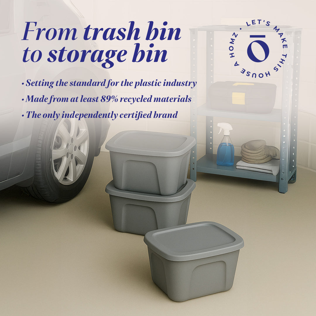 Homz 10 Gallon Heavy Duty Plastic Storage Container, Titanium Silver (4 Pack)