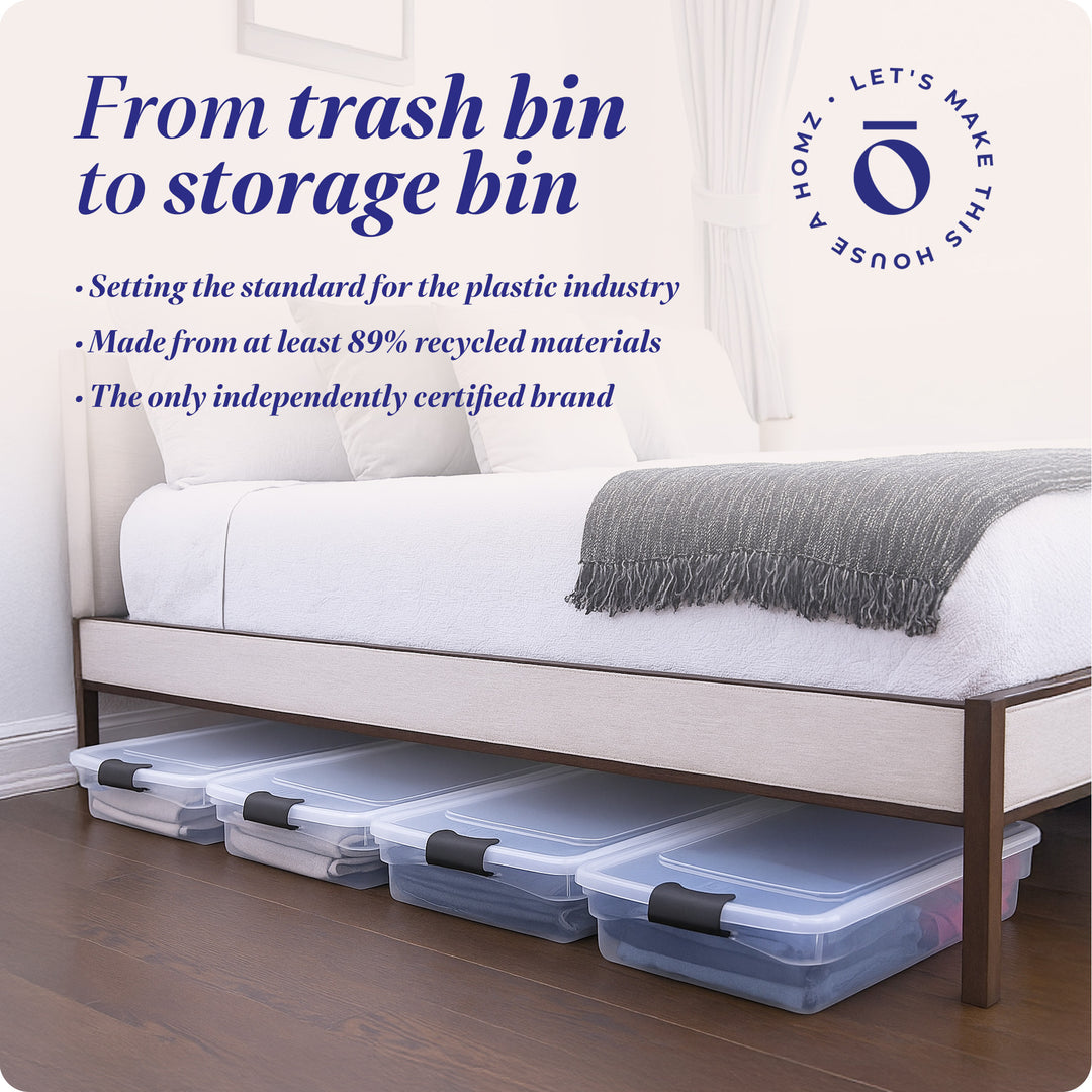 HOMZ 60 Qt Latching Lid & Easy Grip Underbed Storage Container, Clear (4 Pack)