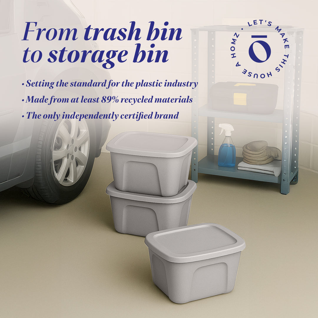 Homz 10 Gallon Heavy Duty Plastic Storage Container, Titanium Silver (8 Pack)