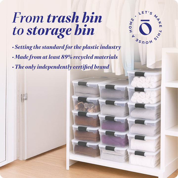 Homz 15.5 Qt Plastic Stackable Storage Container w/Lid, Gray Latch (16 Pack)