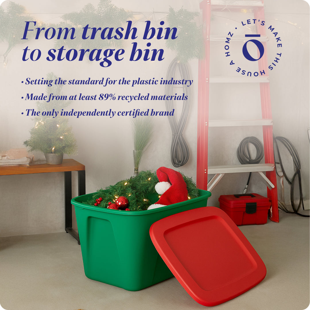 18gl Heavy Duty Plastic Holiday Storage Totes, Green/Red (4 Pack)(Open Box)