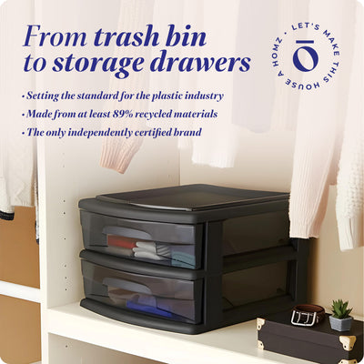 Homz Plastic 2 Drawer Medium Storage Cart, Black Frame with Smoke Drawer, 2 Pack