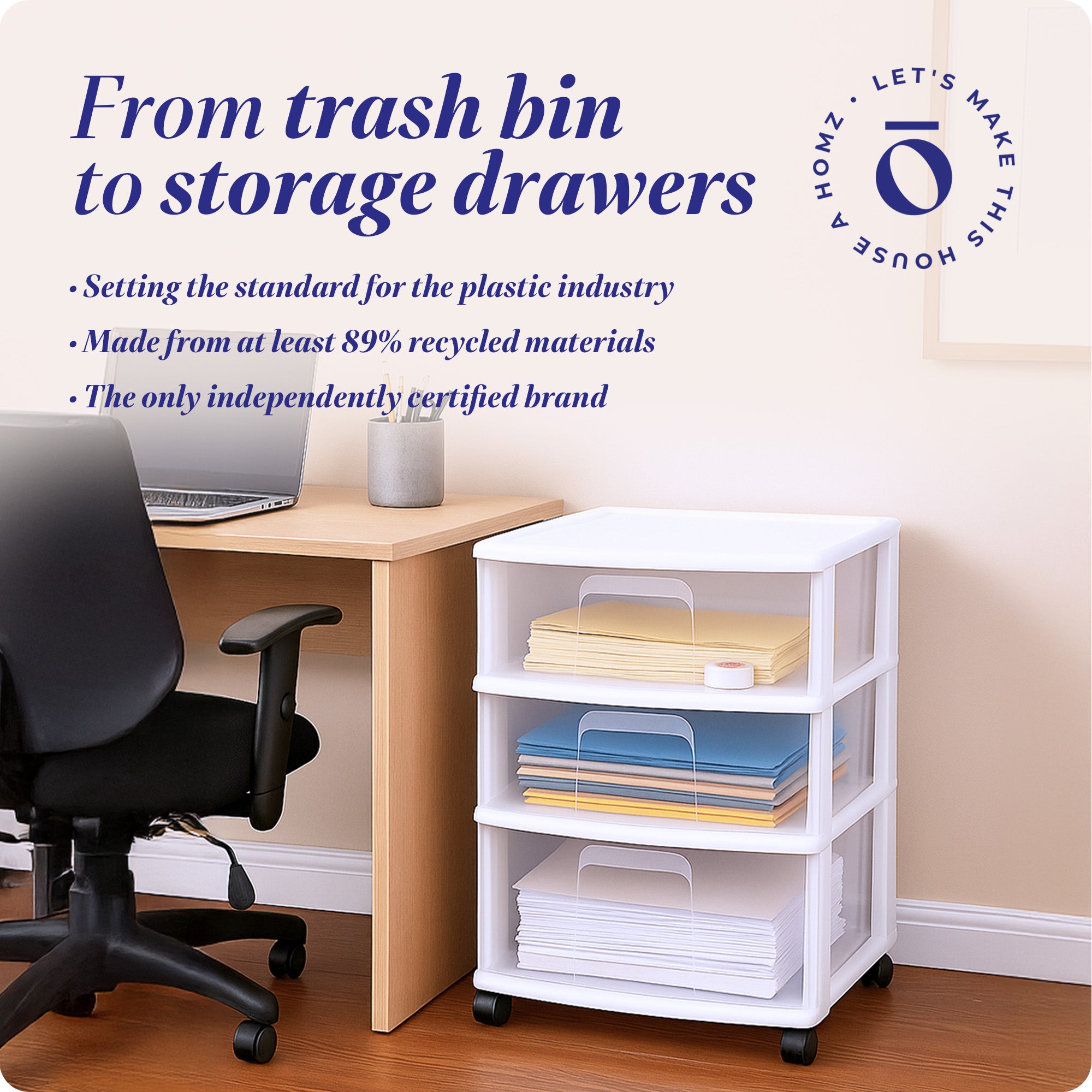 Homz Plastic 3 Clear Drawer Small Rolling Storage Container Tower, White Frame