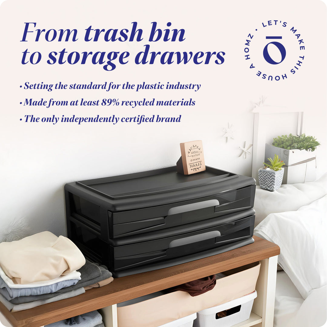 Homz Plastic 2 Drawer Wide Storage Cart, Black with Smoke Drawer, 2PK (Open Box)