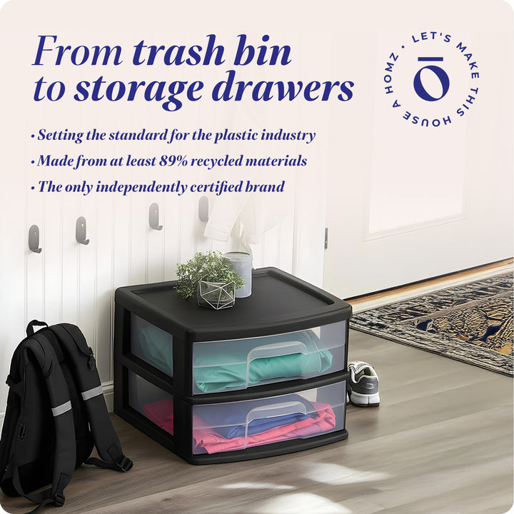 Homz Plastic 2 Drawer Medium Storage Cart, Black Frame with Clear Drawer, 2 Pack
