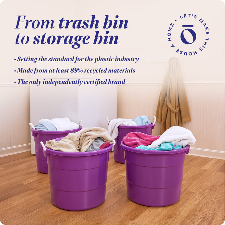 Homz 17 Gallon Indoor Outdoor Storage Bucket w/ Rope Handles, Orchid (4 Pack)