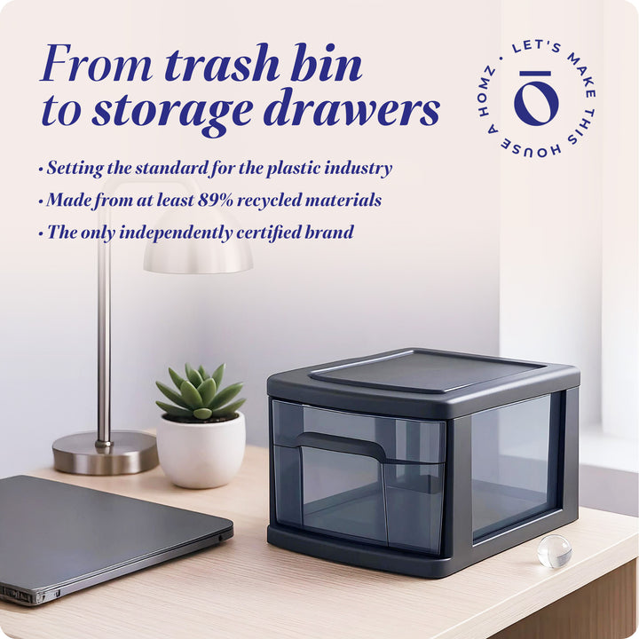 Homz Plastic 1 Drawer Medium Storage Cart, Black Frame with Smoke Drawer, 2 Pack