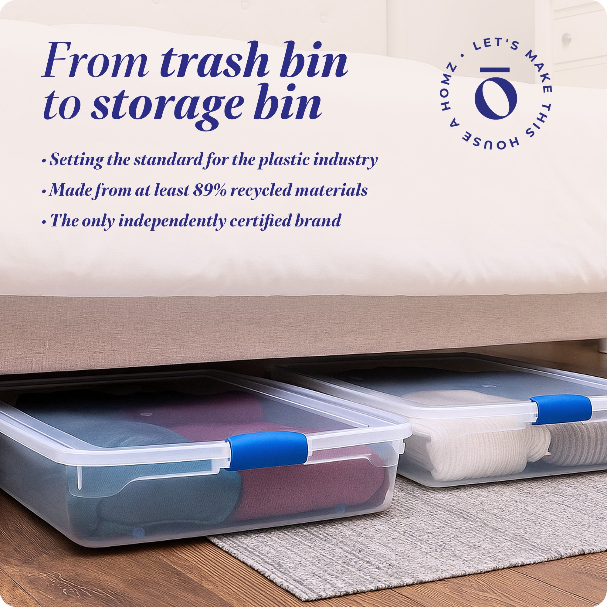 Homz 56 Quart Underbed Secure Latching Clear Plastic Storage Container, 4 Pack