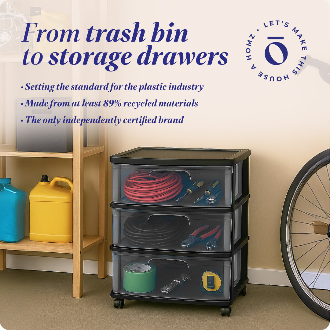 Homz Tall Solid Plastic 3 Drawer Medium Storage Cart with Caster Wheels, Black