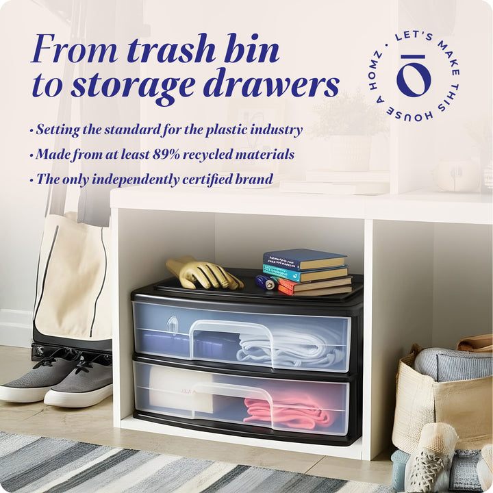 Homz Plastic 2 Drawer Wide Storage Cart, Black w/ Clear Drawer, 2pk (Open Box)