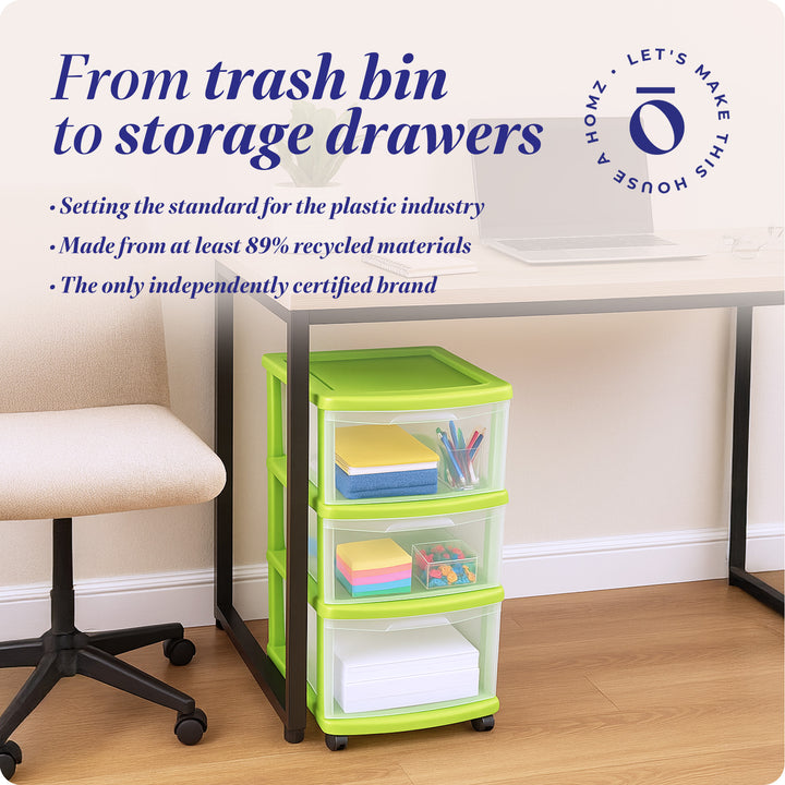 Homz Plastic 3 Drawer Md Storage Container, Clear Drawers/Lime Frame (Open Box) - VMInnovations