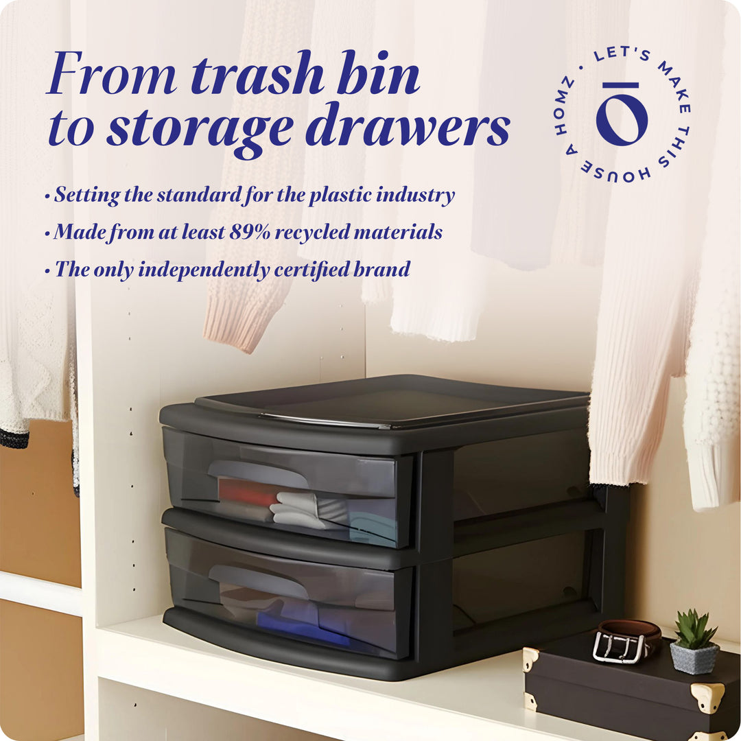 Homz Plastic 2 Drawer Medium Storage Cart, Black Frame with Smoke Drawer, 2 Pack