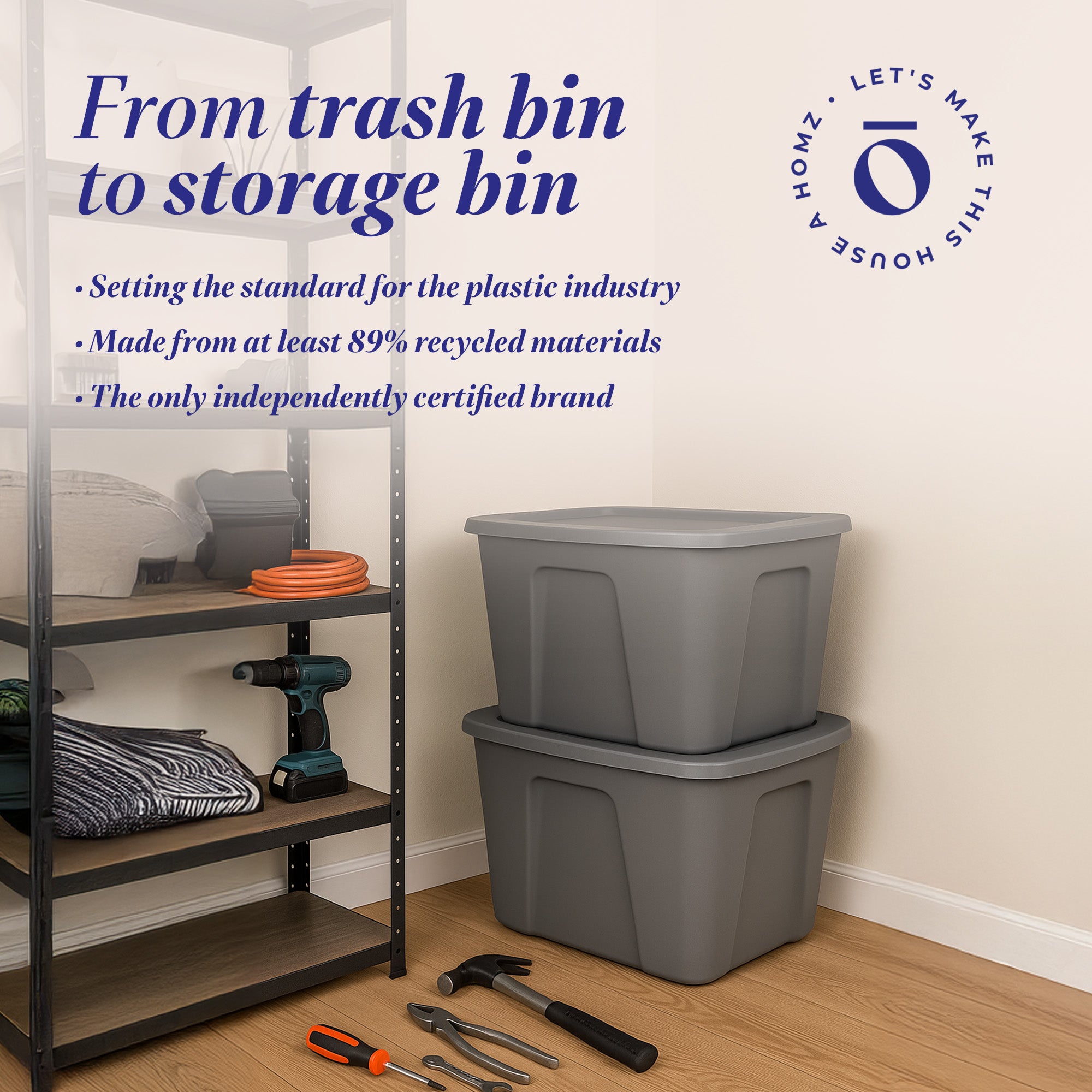 Homz 18-Gallon Stackable Plastic Storage Tote Box Container w/ Snap-On Lid, Grey