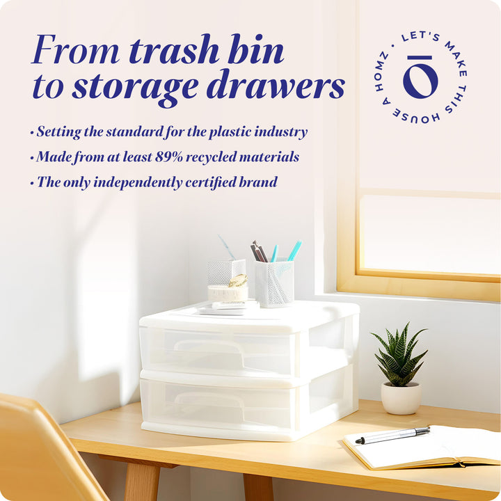 Homz Plastic 2 Drawer Medium Storage Cart, White Frame with Clear Drawer, 2 Pack