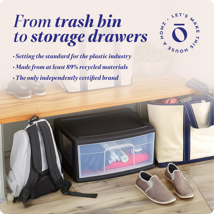 Homz Plastic 1 Drawer Wide Storage Cart, Black Frame with Clear Drawer, 2 Pack